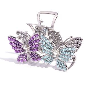Elegant Silver Butterfly Hair Clip with Purple and Blue Accents